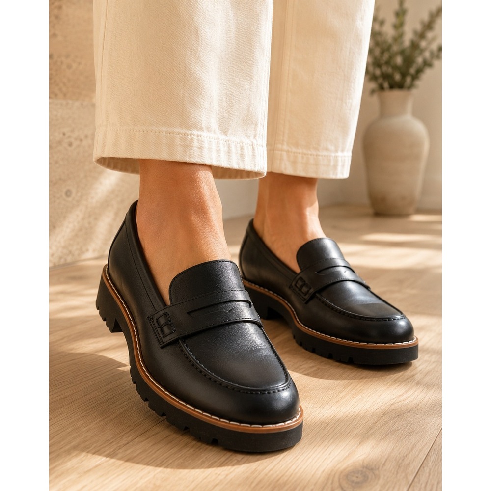 NWOB Vionic Cheryl II Black Leather Penny Lug Loafers Orthotic Wide 9.5 comfort